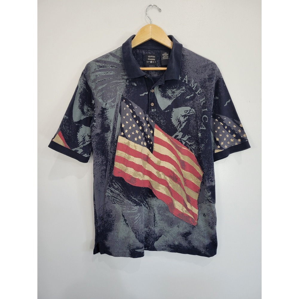 Cotton Traders Sport‎ Men's Large Grande Polo Shirt USA Flag Eagle Graphic